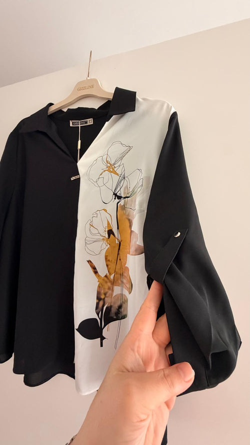 Bluse Schwarz-Weiss Floral