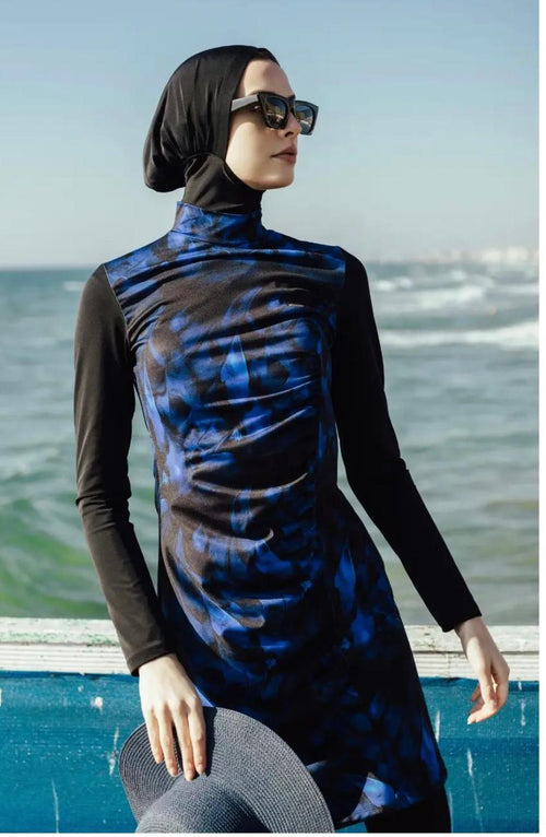 Burkini Blau-Schwarz mit hohem Kragen