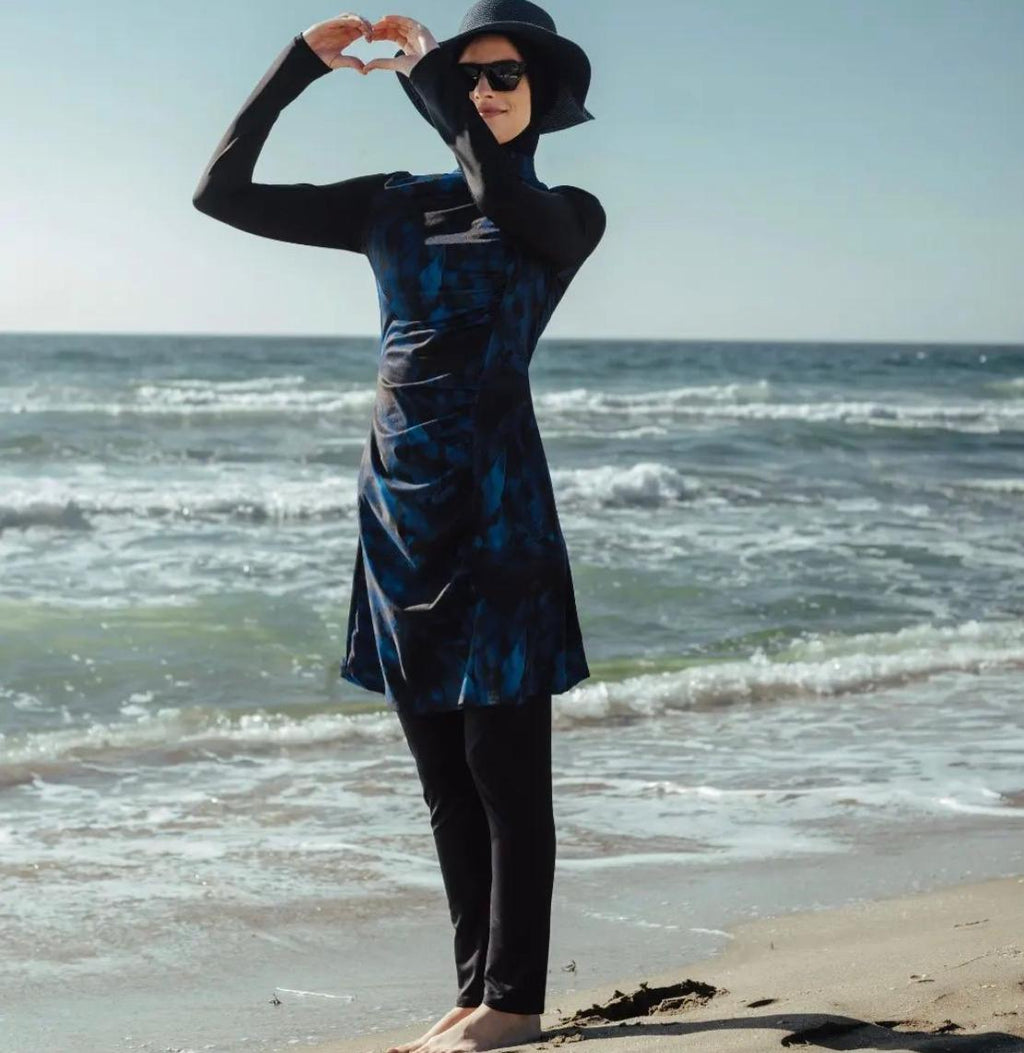 Burkini Blau-Schwarz mit hohem Kragen