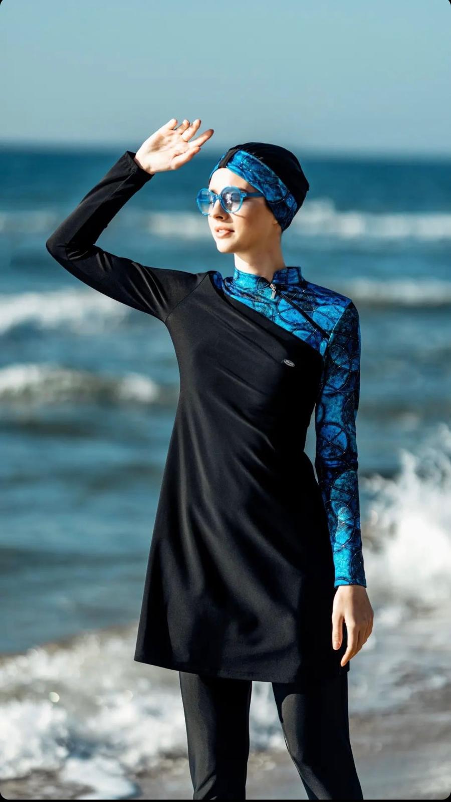 Burkini Schwarz-Blau gemustert
