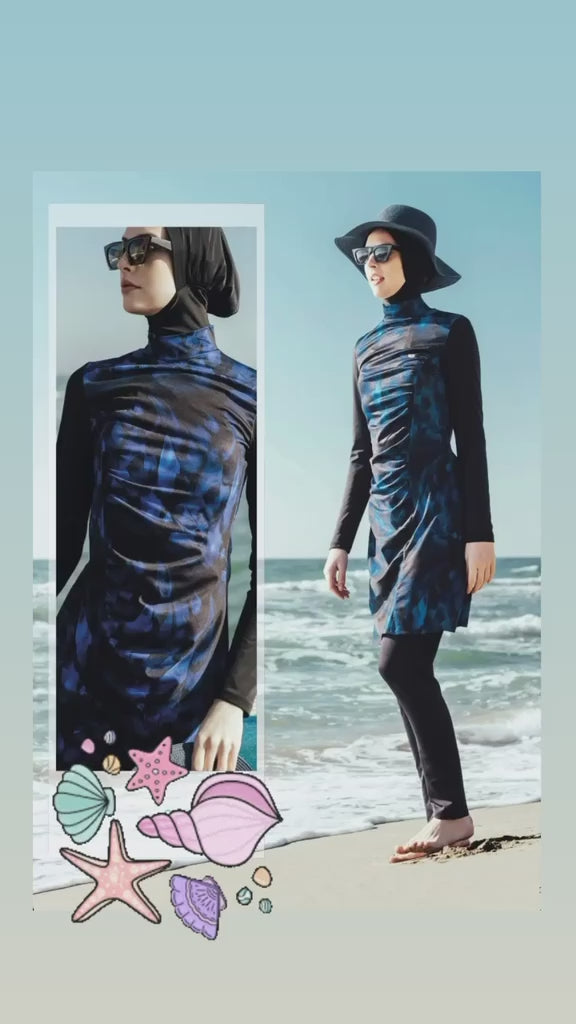 Burkini Blau-Schwarz mit hohem Kragen